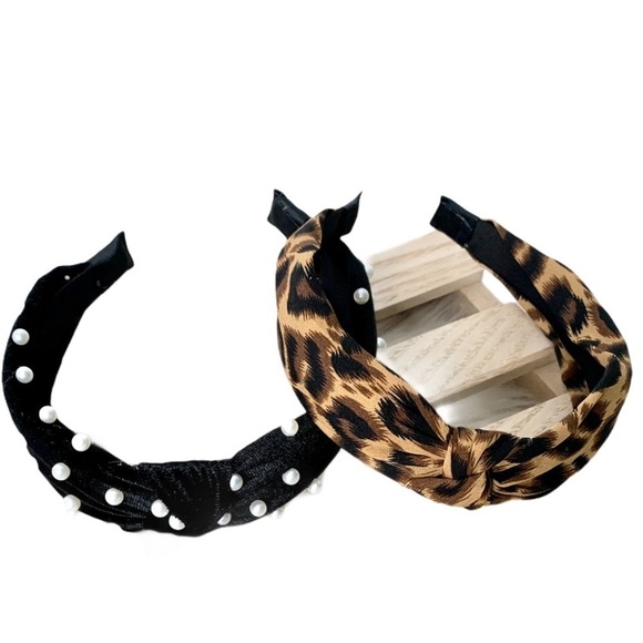 Knotted Headbands Leopard Print and Pearl Pair - Picture 4 of 5